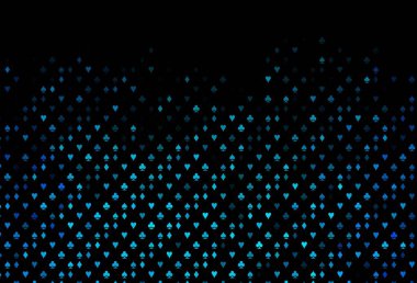 Kumarın sembolleriyle koyu mavi vektör örtüsü. Kalplerle, maça, sinek ve elmaslarla parlayan illüstrasyon. Reklam, poster ve kumar siteleri için tasarım.