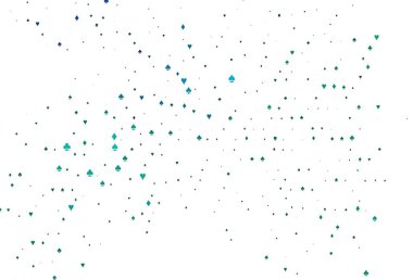 Açık mavi, iskambil kağıtlı yeşil vektör dokusu. Kalplerle, maça, sinek ve elmaslarla parlayan illüstrasyon. Kumarhanelerin kartvizitleri için şablon.