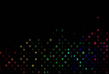 Dark Multicolor, Gökkuşağı vektör örtüsü, kumar sembolleriyle. Kalplerin, maça, sinek ve elmasların işaretleriyle renkli bir değişim. Kumarhane reklamınız için akıllı tasarım.