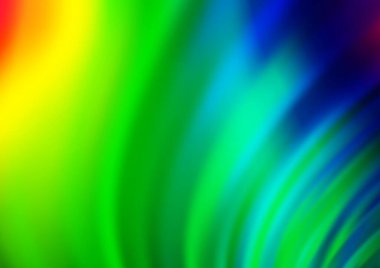 Gökkuşağı renk vektör arkaplanındaki kıvrımlı ışık ışınları. Gradyan bulanıklığı olan modern illüstrasyon