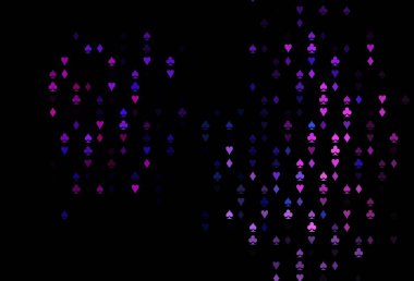 Koyu pembe, içinde poker sembolleri olan mavi vektör şablonu. Kalplerin, maça, sinek ve elmasların işaretleriyle renkli bir değişim. Kitapçıklar, kumarhanelerin broşürleri..