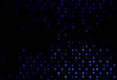 Koyu mavi vektör düzeni ve kart elemanları. Oyun kartlarının izole sembollerine sahip soyut çizimler. Kitapçıklar, kumarhanelerin broşürleri..