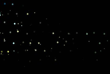 Koyu mavi, sarı vektör örtüsü daireler şeklinde çokgen şeklinde. Küreler, kareler ve çizgilerle soyut çizimler. İş ilanları, broşürler, broşürler için desen