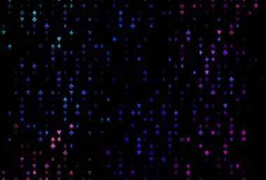 Dark Multicolor, Gökkuşağı vektör örtüsü, kumar sembolleriyle. Oyun kartlarının izole sembollerine sahip soyut çizimler. Kitapçıklar, kumarhanelerin broşürleri..