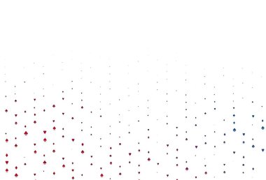 Açık mavi, iskambil kağıtlı kırmızı vektör dokusu. Kalplerle, maça, sinek ve elmaslarla parlayan illüstrasyon. Kumarhanelerin kartvizitleri için şablon.
