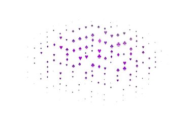 Kart elementli açık mor vektör düzeni. Kalplerin, maça, sinek ve elmasların bulanık dekoratif tasarımı. Reklam, poster ve kumar siteleri için tasarım.