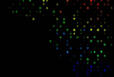 Koyu renkli, gökkuşağı vektör desenli, kart sembollü. Kalplerin, maça, sinek ve elmasların bulanık dekoratif tasarımı. Kumarhanelerin kartvizitleri için şablon.