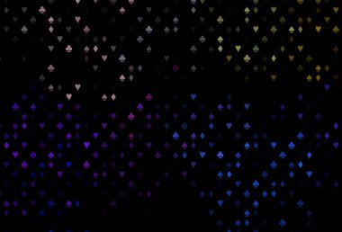 Koyu renkli, iskambil kağıtlı Gökkuşağı vektör dokusu. Kalplerin, maça, sinek ve elmasların bulanık dekoratif tasarımı. Kumarhanelerin kartvizitleri için şablon.