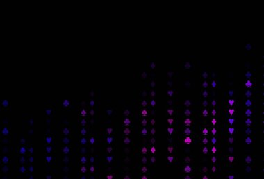 Koyu mor, kart işaretli pembe vektör arkaplan. Kalplerle, maça, sinek ve elmaslarla parlayan illüstrasyon. Kumarhanelerin kartvizitleri için şablon.