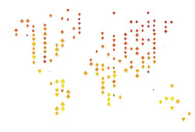 Poker sembollü hafif turuncu vektör şablonu. Renkli resimler, kalpler, maça, sinek, elmas. Vegas 'ta parti ilanları, etkinlikler.