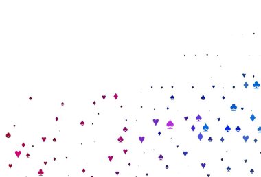 Açık mavi, poker sembollü kırmızı vektör şablonu. Renkli resimler, kalpler, maça, sinek, elmas. Poker oyunları ve etkinlikler broşürleri için desen.