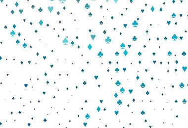 Kart elemanlarıyla hafif BLUE vektör düzeni. Kalplerle, maça, sinek ve elmaslarla parlayan illüstrasyon. Poker oyunları ve etkinlikler broşürleri için desen.