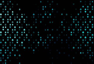 Kumarın sembolleriyle koyu mavi vektör örtüsü. Kalplerle, maça, sinek ve elmaslarla parlayan illüstrasyon. Kumarhanelerin kartvizitleri için şablon.