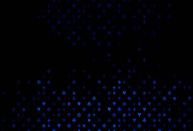 Koyu mavi kart işaretli vektör arkaplanı. Kalplerle, maça, sinek ve elmaslarla parlayan illüstrasyon. Kumarhane reklamınız için akıllı tasarım.