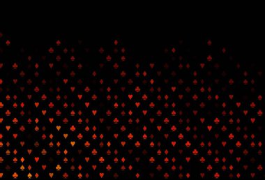 Koyu sarı, kart işaretli turuncu vektör arkaplan. Kalplerin, maça, sinek ve elmasların bulanık dekoratif tasarımı. Kumarhanelerin kartvizitleri için şablon.