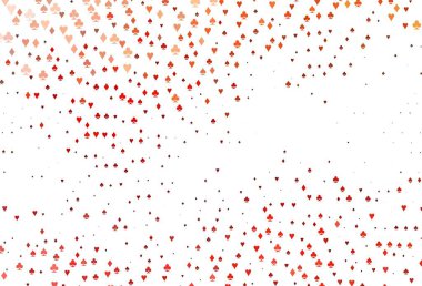 İskambil kağıtlı açık kırmızı vektör dokusu. Renkli resimler, kalpler, maça, sinek, elmas. Kumarhanelerin kartvizitleri için şablon.