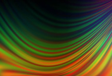 Koyu renkli, eğri büğrü kurdeleli Gökkuşağı vektör şablonu. Bulanık geometrik örnek ve eğimli kabarcıklar. Reklamlarınız, posterleriniz, afişleriniz için yepyeni bir tasarım..