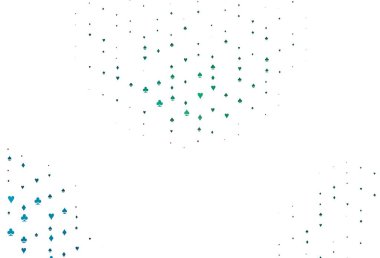 Açık mavi, iskambil kağıtlı yeşil vektör dokusu. Kalplerin, maça, sinek ve elmasların işaretleriyle renkli bir değişim. Reklam, poster ve kumar siteleri için tasarım.