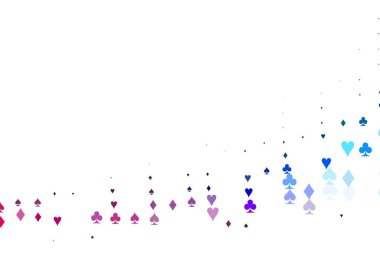 Açık mavi, kırmızı vektör, kumar sembolleriyle kaplı. Oyun kartlarının izole sembollerine sahip soyut çizimler. Kumarhanelerin kartvizitleri için şablon.