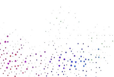 Açık Çokrenkli, poker sembollü Gökkuşağı vektör şablonu. Kalplerin, maça, sinek ve elmasların işaretleriyle renkli bir değişim. Kumarhanelerin kartvizitleri için şablon.