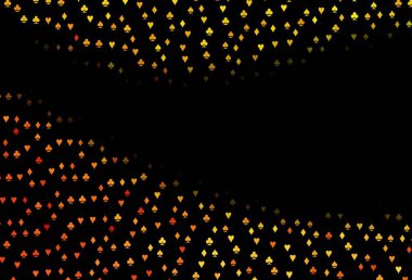 Koyu sarı, kart elementleriyle birlikte turuncu vektör düzeni. Kalplerin, maça, sinek ve elmasların bulanık dekoratif tasarımı. Vegas 'ta parti ilanları, etkinlikler.