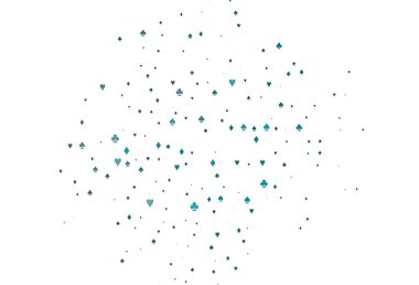 Kart sembollü açık mavi vektör deseni. Kalplerin, maça, sinek ve elmasların bulanık dekoratif tasarımı. Vegas 'ta parti ilanları, etkinlikler.