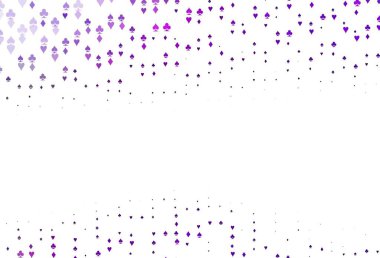 Kart elementli açık mor vektör düzeni. Kalplerin, maça, sinek ve elmasların işaretleriyle renkli bir değişim. Kumarhanelerin kartvizitleri için şablon.