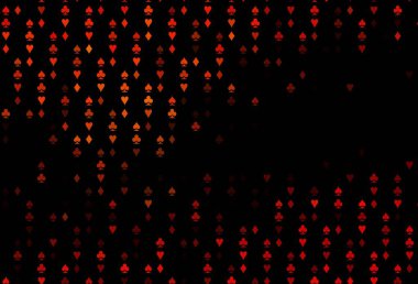 Koyu turuncu vektör düzeni ve kart elemanları. Kalplerle, maça, sinek ve elmaslarla parlayan illüstrasyon. Reklam, poster ve kumar siteleri için tasarım.