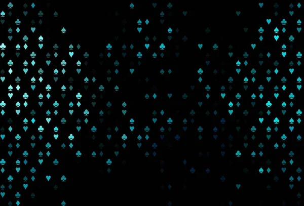 Kumarın sembolleriyle koyu mavi vektör örtüsü. Kalplerle, maça, sinek ve elmaslarla parlayan illüstrasyon. Kumarhanelerin kartvizitleri için şablon.