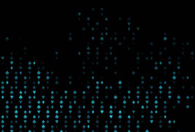 Oyun kartlarıyla koyu mavi vektör dokusu. Kalplerin, maça, sinek ve elmasların işaretleriyle renkli bir değişim. Poker oyunları ve etkinlikler broşürleri için desen.