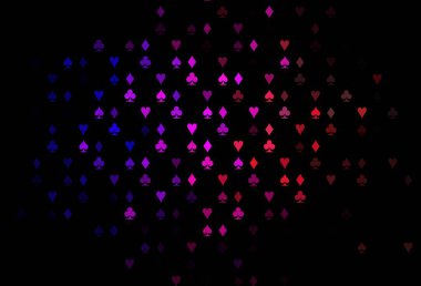 Koyu renk, Gökkuşağı vektör düzeni ve kart elemanları. Kupa, maça, sinek ve elmasların olduğu bir resim. Poker oyunları ve etkinlikler broşürleri için desen.