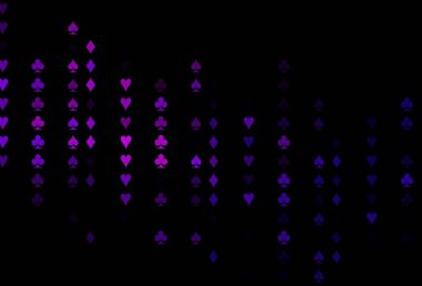 Kart sembollü koyu mor vektör deseni. Kalplerin, maça, sinek ve elmasların bulanık dekoratif tasarımı. Kumarhanelerin kartvizitleri için şablon.