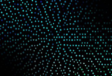 Koyu mavi, üzerinde kart sembolü olan yeşil vektör deseni. Kalplerle, maça, sinek ve elmaslarla parlayan illüstrasyon. Reklam, poster ve kumar siteleri için tasarım.