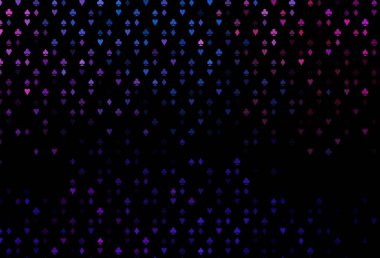 Koyu mavi, poker sembollü kırmızı vektör şablonu. Kupa, maça, sinek ve elmasların olduğu bir resim. Vegas 'ta parti ilanları, etkinlikler.