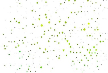 İskambil kağıtlı açık yeşil vektör dokusu. Renkli resimler, kalpler, maça, sinek, elmas. Kumarhanelerin kartvizitleri için şablon.