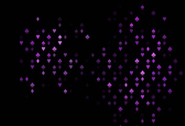 Koyu mor vektör düzeni ve kart elementleri. Kalplerin, maça, sinek ve elmasların işaretleriyle renkli bir değişim. Reklam, poster ve kumar siteleri için tasarım.