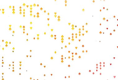 Açık sarı, kumar sembolleriyle turuncu vektör kaplaması. Oyun kartlarının izole sembollerine sahip soyut çizimler. Kumarhane reklamınız için akıllı tasarım.