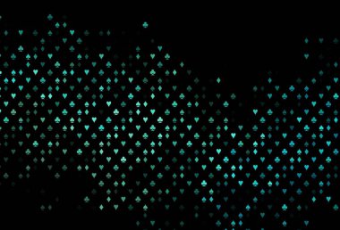 Koyu mavi, kart işaretli yeşil vektör arkaplan. Oyun kartlarının izole sembollerine sahip soyut çizimler. Kumarhanelerin kartvizitleri için şablon.