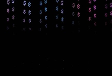 Koyu mavi, dolar ile kırmızı vektör şablonu. Beyaz arka planda tüm para birimlerinin renkli sembolleri. Piyasa reklamları, krediler için şablon.