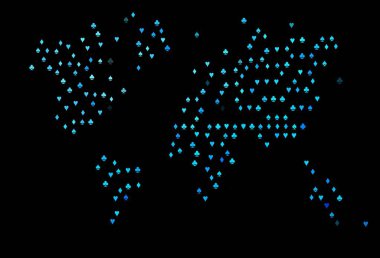 Koyu mavi vektör düzeni ve kart elemanları. Kalplerin, maça, sinek ve elmasların bulanık dekoratif tasarımı. Kumarhanelerin kartvizitleri için şablon.