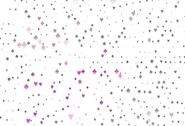 Kumarın sembolleriyle açık mor vektör örtüsü. Kupa, maça, sinek ve elmasların olduğu bir resim. Kitapçıklar, kumarhanelerin broşürleri..