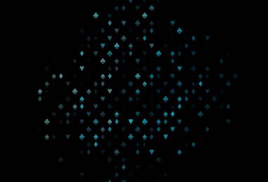 Poker sembollü koyu mavi vektör şablonu. Kalplerin, maça, sinek ve elmasların işaretleriyle renkli bir değişim. Kumarhanelerin kartvizitleri için şablon.