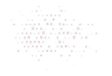 Noktalı, noktalı, küplü açık kırmızı vektör arkaplanı. Parlak, soyut çemberler ve küpler çizilmiş bir resim. Marka kitabınız için şablon.