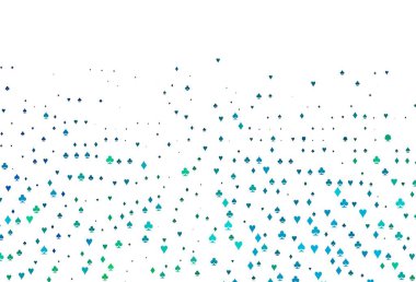 Açık mavi, iskambil kağıtlı yeşil vektör dokusu. Oyun kartlarının izole sembollerine sahip soyut çizimler. Kumarhane reklamınız için akıllı tasarım.