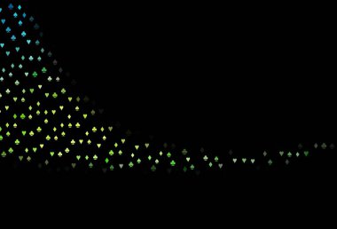 Koyu mavi, kart elementleriyle birlikte sarı vektör düzeni. Kalplerle, maça, sinek ve elmaslarla parlayan illüstrasyon. Kumarhanelerin kartvizitleri için şablon.