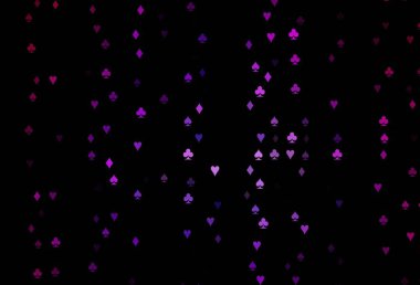 Koyu mor vektör düzeni ve kart elementleri. Kalplerle, maça, sinek ve elmaslarla parlayan illüstrasyon. Reklam, poster ve kumar siteleri için tasarım.