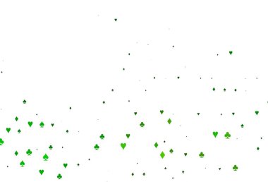 İskambil kağıtlı açık yeşil vektör dokusu. Kupa, maça, sinek ve elmasların olduğu bir resim. Kumarhanelerin kartvizitleri için şablon.