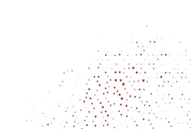 Kart sembollü açık kırmızı vektör deseni. Kalplerin, maça, sinek ve elmasların işaretleriyle renkli bir değişim. Kumarhanelerin kartvizitleri için şablon.