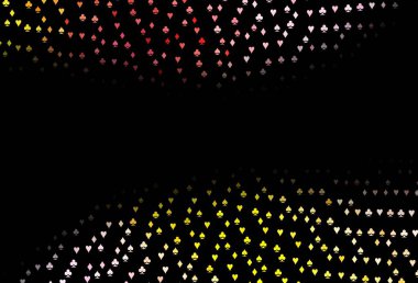 Koyu pembe, sarı vektör desenli, kart sembollü. Kupa, maça, sinek ve elmasların olduğu bir resim. Kumarhane reklamınız için akıllı tasarım.