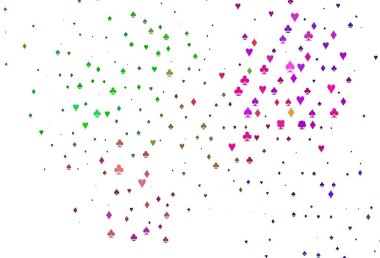 Açık Çokrenkli, Gökkuşağı vektör örtüsü ve kumar sembolleri. Kalplerin, maça, sinek ve elmasların bulanık dekoratif tasarımı. Kumarhanelerin kartvizitleri için şablon.